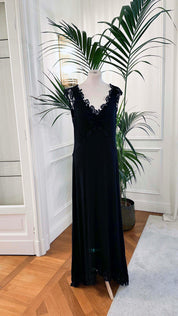 Abito cerimonia lungo in pizzo con paillettes, scollo all’americana e schiena nuda, Sofia Provera Atelier