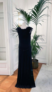 Abito cerimonia lungo in pizzo con paillettes, scollo all’americana e schiena nuda, Sofia Provera Atelier