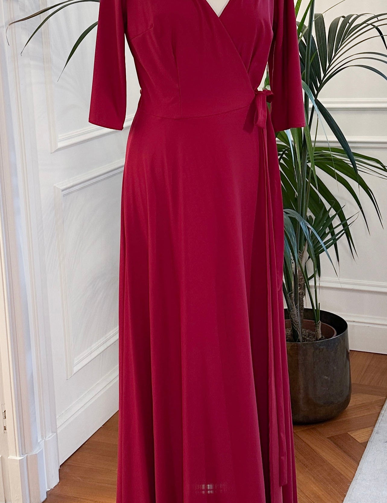 Abito mamma sposa galateo lungo, colore borgogna, maniche tre quarti, Sofia Provera Atelier
