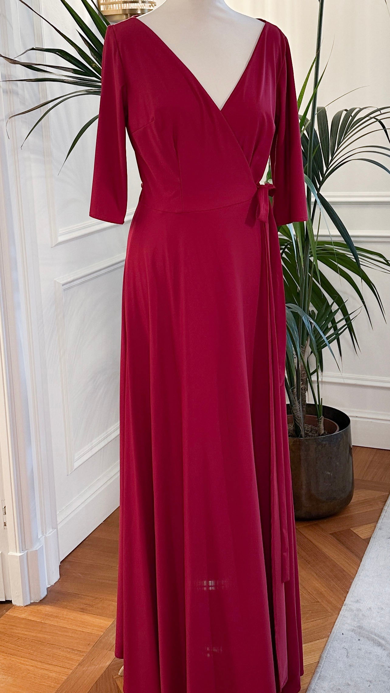 Abito mamma sposa galateo lungo, colore borgogna, maniche tre quarti, Sofia Provera Atelier