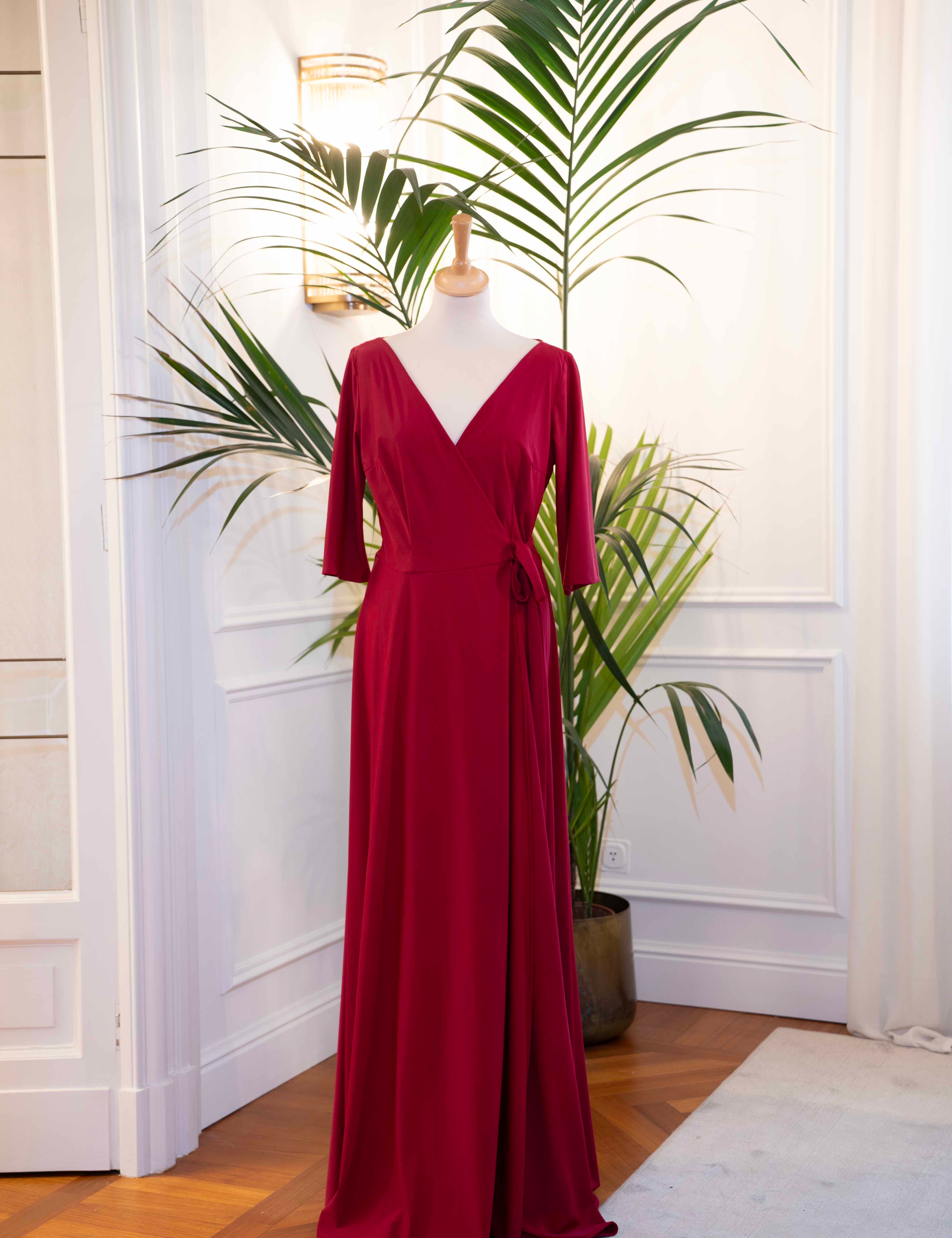 Abito mamma sposa galateo lungo, colore borgogna, maniche tre quarti, Sofia Provera Atelier