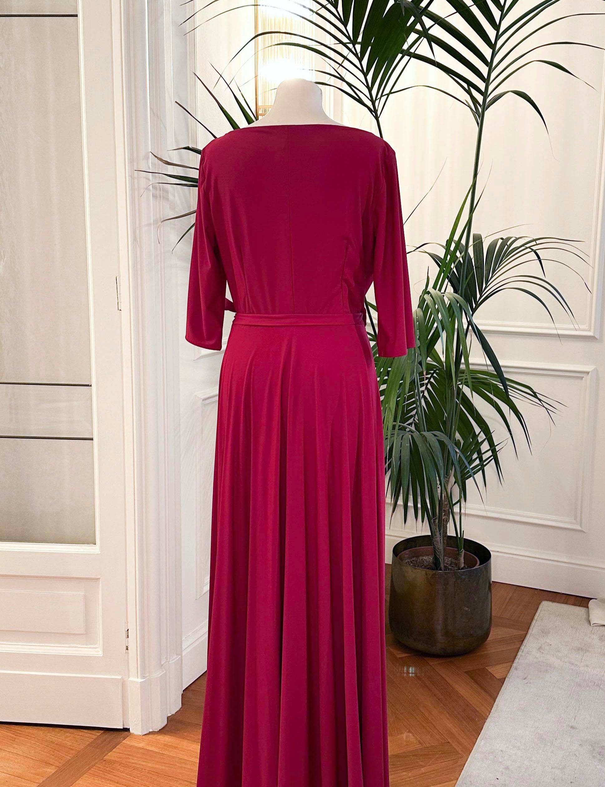 Abito mamma sposa galateo lungo, colore borgogna, maniche tre quarti, Sofia Provera Atelier
