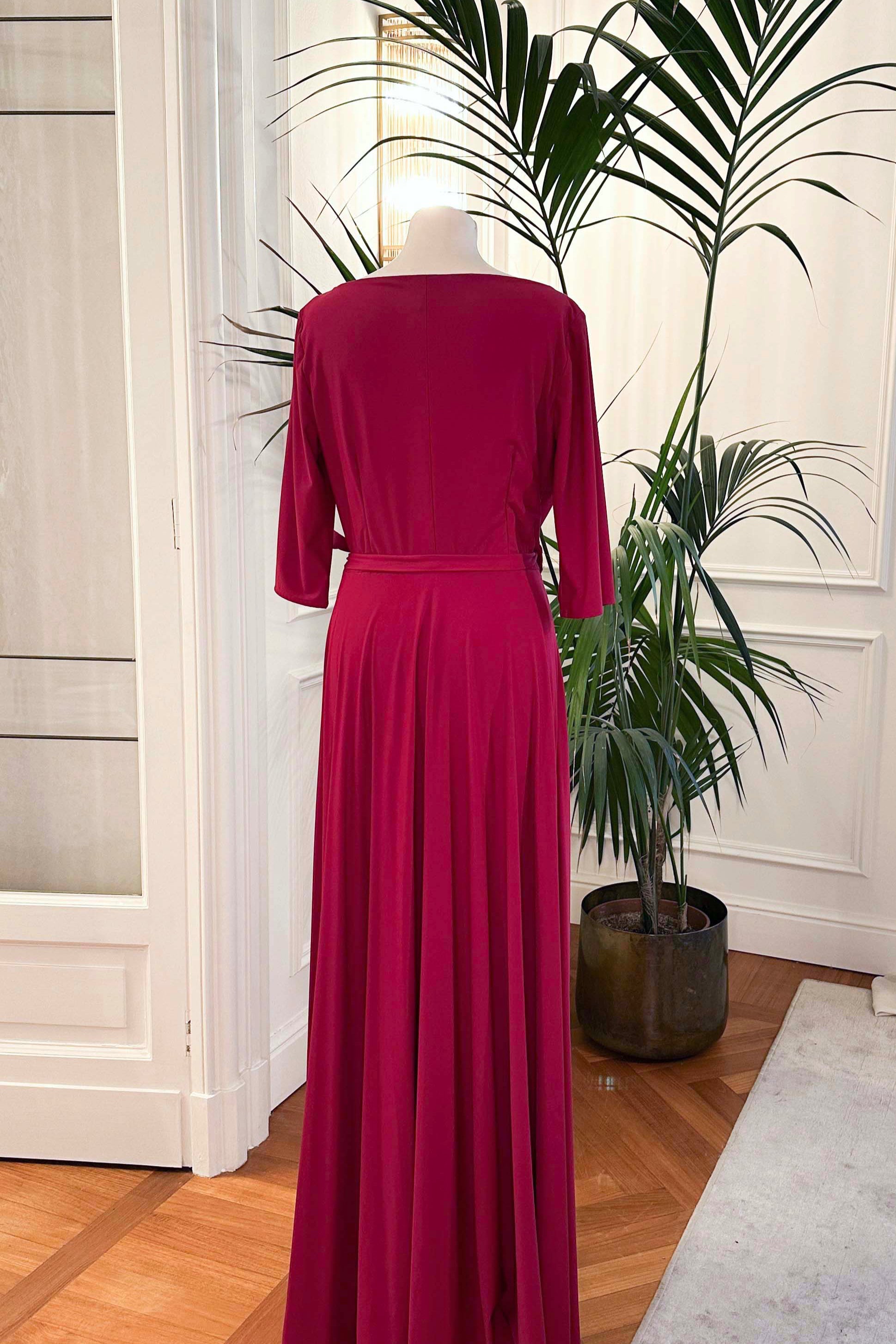 Abito mamma sposa galateo lungo, colore borgogna, maniche tre quarti, Sofia Provera Atelier