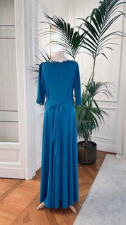 Abito mamma sposa galateo “Paola” in jersey petrolio con pizzo rebrodé, Sofia Provera Atelier