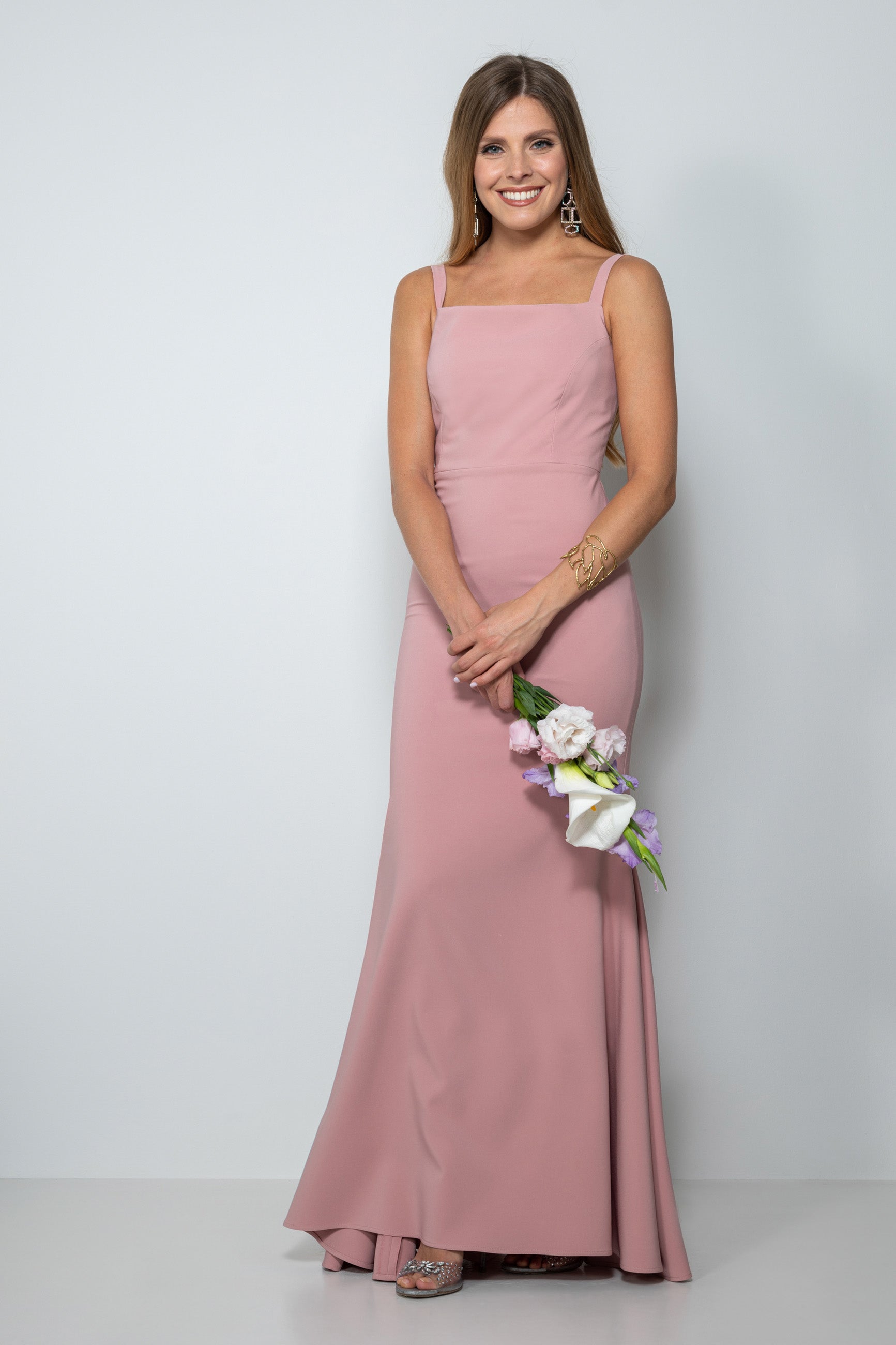 Abito cerimonia lungo rosa antico con spalline sottili – Sofia Provera Atelier