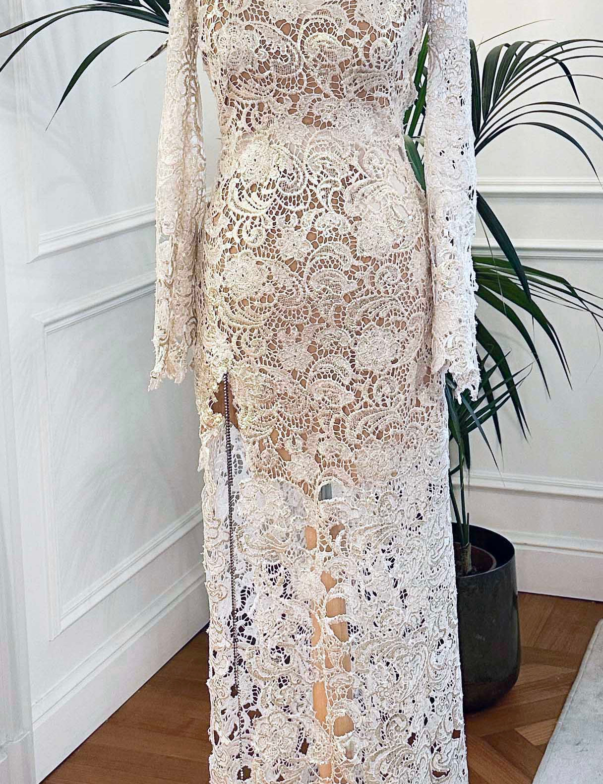 Vestiti 18esimo in pizzo macramè bianco con Swarovski e schiena gioiello – modello Riad, Sofia Provera