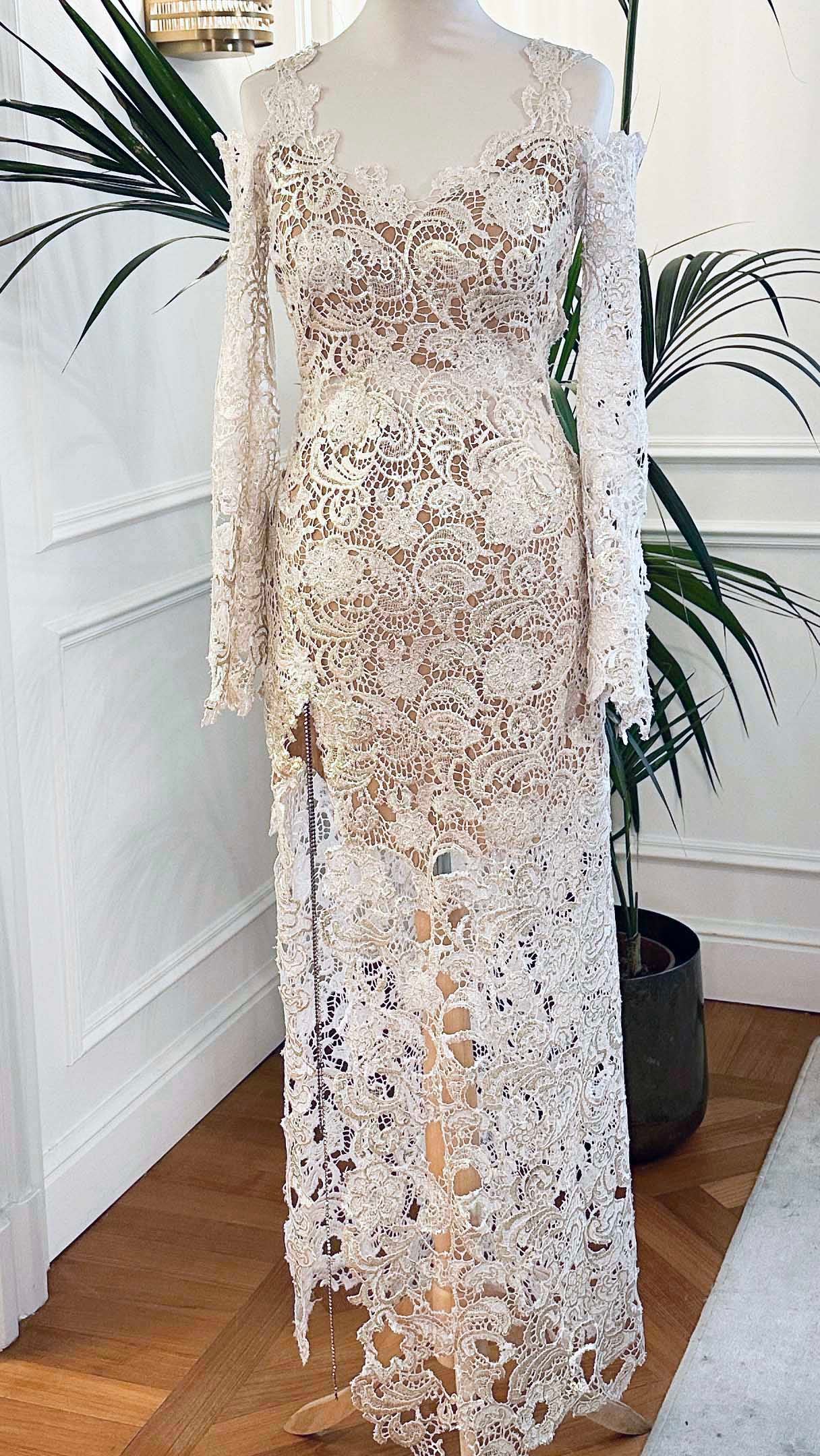 Vestiti 18esimo in pizzo macramè bianco con Swarovski e schiena gioiello – modello Riad, Sofia Provera