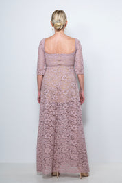 abito mamma sposa galateo in pizzo rosa antico con scollo quadrato e maniche removibili – Sofia Provera Atelier