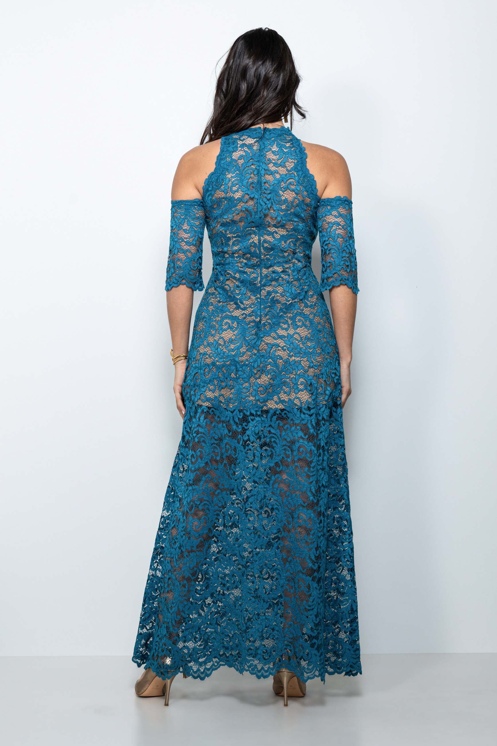 Abito mamma sposa galateo in pizzo petrolio con scollo all’americana e maniche staccabili – Sofia Provera Atelier