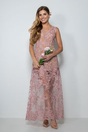 abito cerimonia lungo in pizzo rosa antico con scollo a V e fodera nude effetto vedo-non-vedo – Sofia Provera Atelier