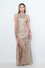 Abito lungo in pizzo platino con scollo all’americana e paillettes satinate – Sofia Provera Atelier