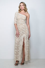 abito cerimonia lungo in pizzo rebrodè platino con scollo asimmetrico – Sofia Provera Atelier