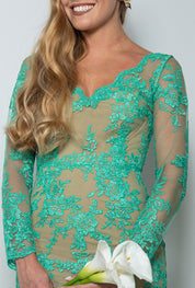 vestito cerimonia a sirena in pizzo verde rebrodè “Esmeralda” – Sofia Provera Atelier
