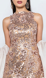 Abito cerimonia corto in pizzo con scollo all'americana e pizzo floreale bronzo