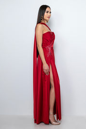 vestito 18esimo lungo rosso con ricami e spacco in satin – Sofia Provera Atelier