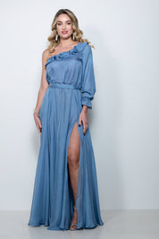 Abito cerimonia lungo in chiffon con scollo asimmetrico e manica a sbuffo – Sofia Provera Atelier
