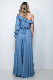 Abito cerimonia lungo in chiffon con scollo asimmetrico e manica a sbuffo – Sofia Provera Atelier