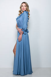 Abito cerimonia lungo in chiffon con scollo asimmetrico e manica a sbuffo – Sofia Provera Atelier