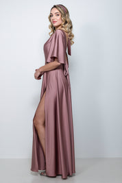 Abito cerimonia lungo in satin color terracotta con scollo a barchetta e spacco laterale – Sofia Provera Atelier