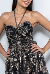 Vestito 18esimo lungo in pizzo lamé nero e oro con schiena scoperta – Sofia Provera Atelier