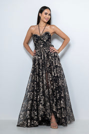Vestito 18esimo lungo in pizzo lamé nero e oro con schiena scoperta – Sofia Provera Atelier