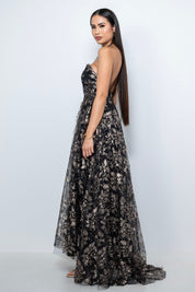 Vestito 18esimo lungo in pizzo lamé nero e oro con schiena scoperta – Sofia Provera Atelier