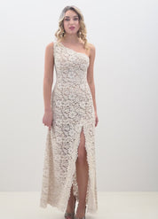 abito cerimonia lungo in pizzo rebrodè platino con scollo asimmetrico – Sofia Provera Atelier