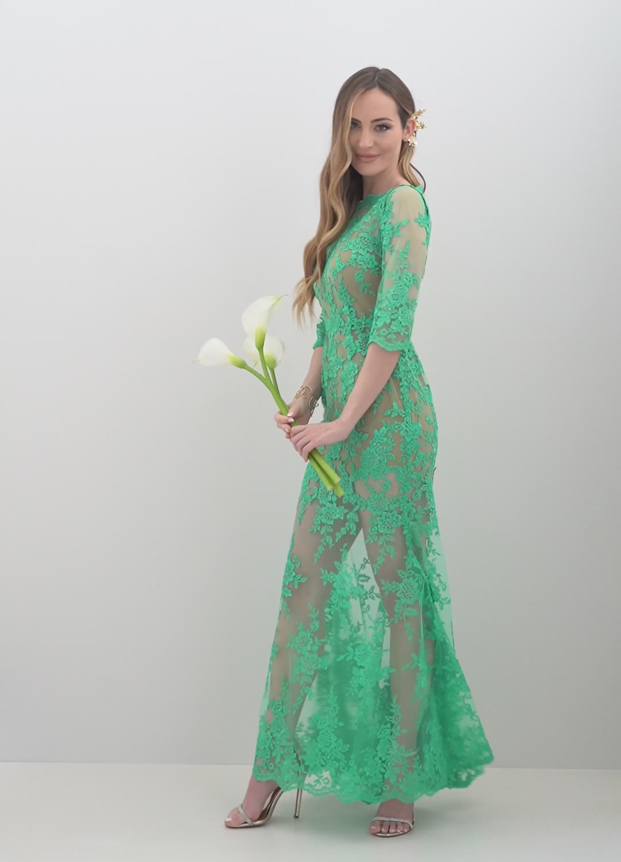 vestito cerimonia a sirena in pizzo verde rebrodè “Esmeralda” – Sofia Provera Atelier